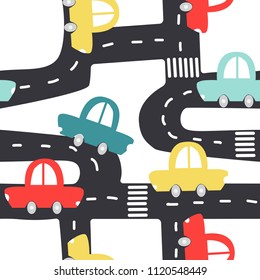 Cute seamless pattern with retro cars and road. Vector hand drawn illustration.
