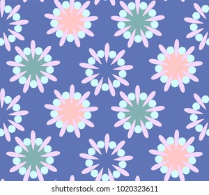 Cute seamless pattern  in retro style. Round shapes on blue background, vector illustration. Textile design, wrapping paper.