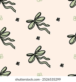 Cute seamless pattern with ribbon, bow. coquette, girly pattern background, print, pattern, greeting card, wrapping paper, fashion, fabric, textile, wallpaper, cover. Childish naive doodle vector art