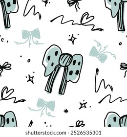 Cute seamless pattern with ribbon, bow. coquette, girly pattern background, print, pattern, greeting card, wrapping paper, fashion, fabric, textile, wallpaper, cover. Childish naive doodle vector art