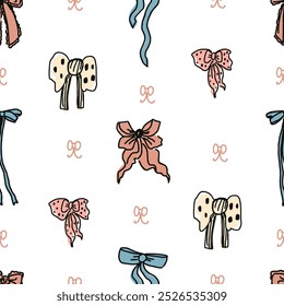 Cute seamless pattern with ribbon, bow. coquette, girly pattern background, print, pattern, greeting card, wrapping paper, fashion, fabric, textile, wallpaper, cover. Childish naive doodle vector art