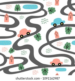 Cute seamless pattern. Road and cars. Perfect for kids fabric, textile design, wrapping paper, nursery wallpaper, cover.