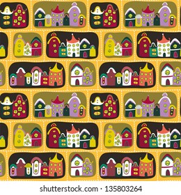 Cute seamless pattern with road and cartoon houses