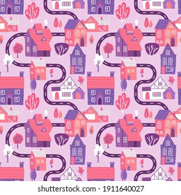 Cute seamless pattern with road, houses and trees on pink background. Spring town map. Flat vector illustration