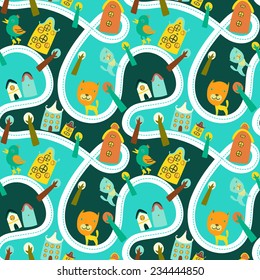 Cute seamless pattern with road, houses and animals