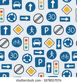 Cute seamless pattern with road signs and traffic lights on a white background. Illustration in hand drawn style for children's room design, Wallpaper, textile. Vector