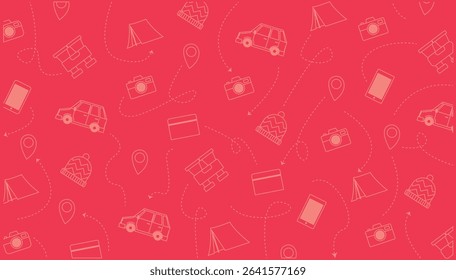 Cute seamless pattern of road trip and holiday icons in flat vector style
