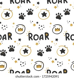 Cute seamless pattern with roar, stars and footprints. Seamless pattern with lion items. Scrapbook printable paper. Scandinavian art. Flat vector print for kids.