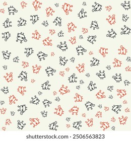 Cute seamless pattern of robots in red and black on a cream background.