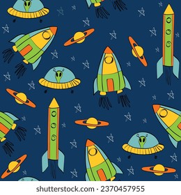 Cute seamless pattern with rockets, comet, planets and ufo. Childish background.
