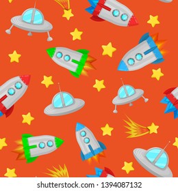 cute seamless pattern with rockets, flying saucers, stars and comets. Children's space pattern