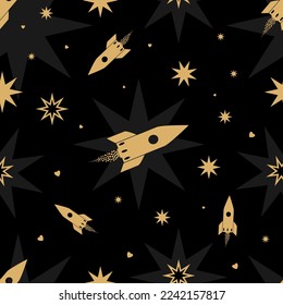 Cute seamless pattern with rockets, hearts, stars on the black background. Vector illustration for valentine, wedding, ufo day, cosmonauts day.