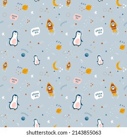 Cute seamless pattern with rockets, penguins and stars on blue background. Cosmic theme for children. Colorful vector illustration for baby shower, textile, clothes, wallpaper.