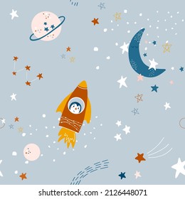 Patrón perfecto con cohetes, estrellas, luna y planetas. Bebé vector de fondo cósmico en estilo simple dibujado a mano. La decoración está muy cuidada, con tejidos, ropa de bebé, y la decoración de las duchas para bebés.