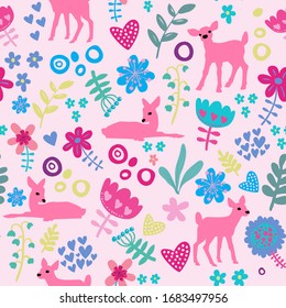 Cute seamless pattern with roe and flowers. Girlish background for children. Pattern for textile, clothing, wrapping paper.
