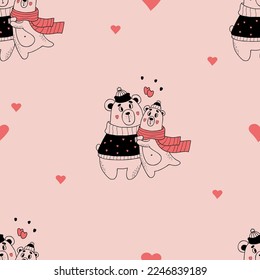 Cute seamless pattern. Romantic enamored hugging bears on pink background with hearts. Vector illustration in doodle style. Endless background for valentines, wallpapers, packaging, print