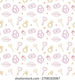 Lindo patrón sin fisuras con iconos románticos. Ideal para envolver y textiles. Perfecto para diseños de San Valentín.