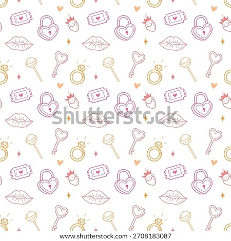 Cute seamless pattern with romantic icons. Ideal for wrapping and textiles. Perfect for Valentines Day designs.