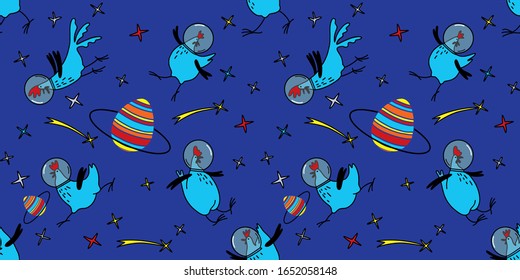 Nahtloses Muster mit Hähnchen, Hühnern und verstreuten Eiern. Hühner im All. Flachstil, Cartoon-Stil. Set von Elementen für Osterdesign.