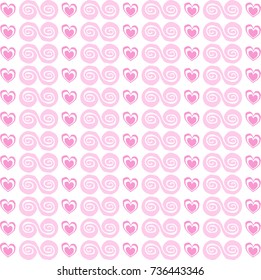 Cute seamless pattern with rose cartoon hearts and spirals on white background. Vector illustration, template.