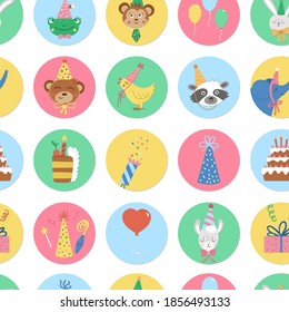 Cute seamless pattern with round Birthday highlight icons or avatar designs with cute animal heads, cake, present. Vector anniversary repeat background. Holiday digital paper with funny characters

