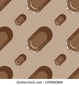Cute seamless pattern with round chocolate sweets. Brown noisy textured background. Flat linear style illustration. Vector.