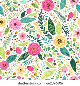 Cute seamless pattern with rustic hand drawn first spring flowers