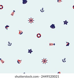 Cute Seamless pattern with sailboat, anchor, steering wheel and lifebuoy. Cute Marine pattern for fabric, baby clothes, background, textile, wrapping paper and other Vector illustration.