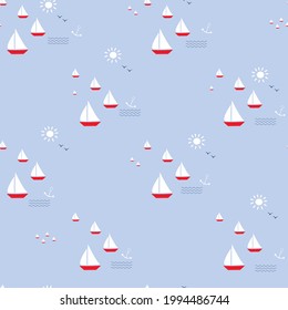 Cute seamless pattern with sailboat, wave, anchor, seagulls and sun. Sea background. Children's cartoon vector. Design for fabric, wallpaper, stationery, tourism.