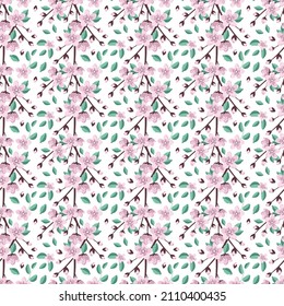 Cute seamless pattern with sakura flowers, leaves and twigs. Spring print suitable for textiles, wrapping paper and designs. Flat vector illustration