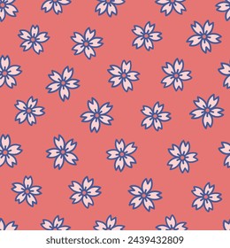 Cute seamless pattern with sakura flowers or cherry blossom on red background. Endless texture in Asian style. Oriental print design