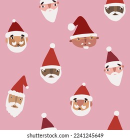 Patrón impecable con los rostros de Santa Claus de diferentes nacionalidades y colores de piel sobre fondo rosado. Patrón con dibujos animados de Santa Claus para Feliz Navidad y diseño de Año Nuevo Feliz.