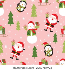 cute seamless pattern with santa claus, snowman and penguin design