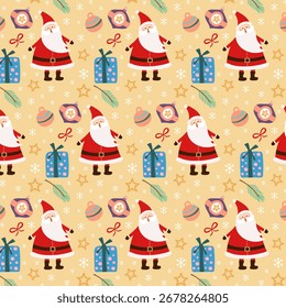 Cute seamless pattern with Santa Claus, gifts, snowflakes and decorations on light yellow background for Christmas and New Year celebration. Vector.