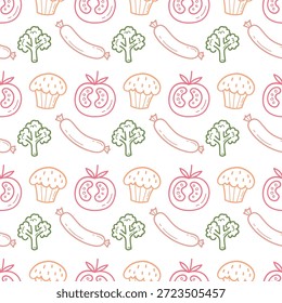 Nettes nahtloses Muster mit Wursttomate Broccoli Muffin