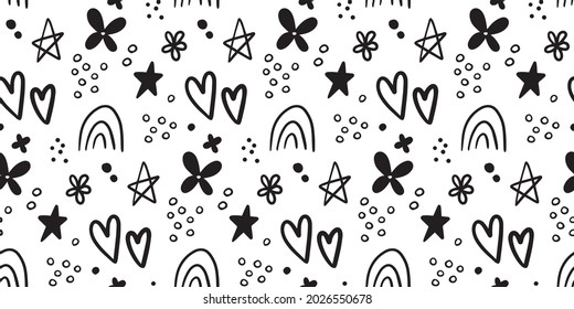 Cute seamless pattern with Scandinavian hand drawn elements - hearts, stars, rainbows, flowers. Black ink simple doodles on white background. Sweet vector childish backdrop.