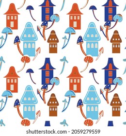 Cute seamless pattern with scandinavian houses and mushrooms.  Netherlands concept. 