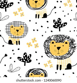 Cute seamless pattern in scandinavian style with cute lion. Perfect for kids apparel, fabric, textile, nursery decoration, wrapping paper. Trendy scandinavian vector pattern.