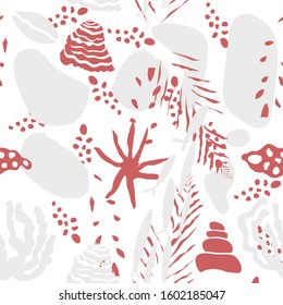 Cute seamless pattern in scandinavian  style with underwater sea nautical  organic shapes. 