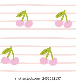 Cute seamless pattern with scattered cherries on cute grid. Simple summer print. Vector illustration.