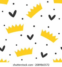 Cute seamless pattern with scattered crowns, hearts and dots. Simple vector illustration.