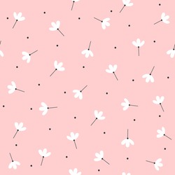 Cute Seamless Pattern With Scattered Flowers And Dots. Simple Girly Print. Vector Illustration.