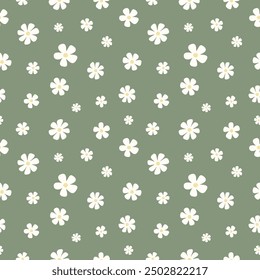 Cute seamless pattern with scattered flowers and leaves. Simple floral pattern vector. Green background.