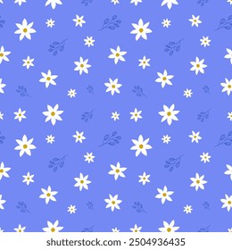 Cute seamless pattern with scattered flowers and leaves. Simple floral pattern vector background. 