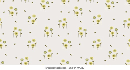 Cute Seamless Pattern with Scattered Flowers with Stems and Leaves on Vintage Style.