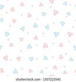 Cute seamless pattern with scattered hearts and round spots. Doodle, sketch, drawn by hand. Romantic vector illustration. White, blue, pink.