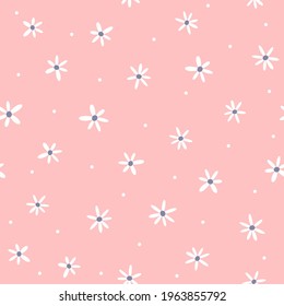 Cute Seamless Pattern With Scattered Small Flowers And Dots. Endless Girly Print. Simple Vector Illustration.