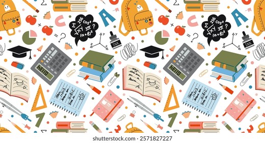 Cute Seamless pattern with school and education concept. Supplies like books, notebooks, backpack, pencil and ruler. Trendy modern vector illustration on white background, hand drawn, flat design