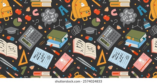 Cute Seamless pattern with school and education concept. Supplies like books, notebooks, backpack, pencil and ruler. Trendy modern vector illustration on black background, hand drawn, flat design