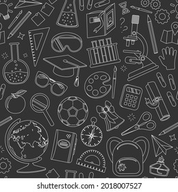 Cute seamless pattern with school objects outlines on background of chalkboard. Back to school, teachers day design element. Vector illustration